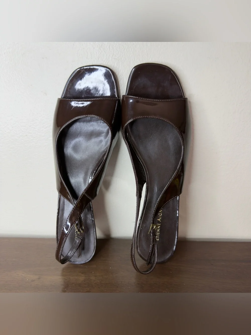 Etienne Aigner Dark Brown Patent Leather Slingback Peep Toe Wedges 9.5 Womens